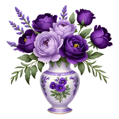 A dainty porcelain vase, hand-painted with delicate lavender pansies and deep purple roses, holds an elegant bouquet of amethyst-hued peonies, fragrant sprigs of wild lavender, and trailing silk ribbons, with a tiny heart-shaped charm dangling from its neck, swaying gently in the evening breeze.
 sticker