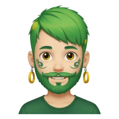 boy with bangs and green hair and yellow small hairtie on side and earrings and very heavy face tattoos and beard sticker