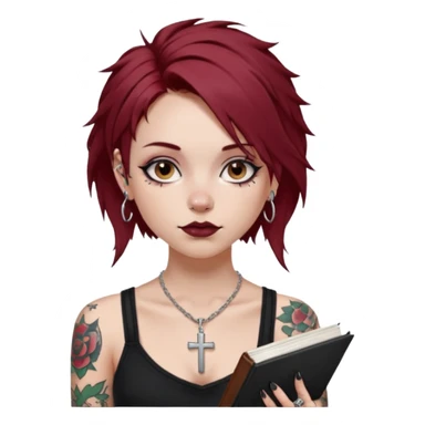 generate an ios genmoji of a girl with dark red messy hair with eyeliner on her eyes.  septum piercing, wearing a cami black top, has tattoos, on shoulders. ear piercings. wearing a cross silver necklace. Holding an overfilled sketchbook sticker