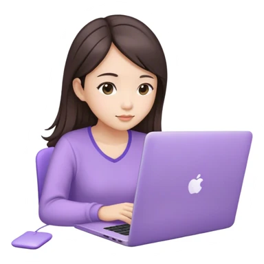 Long hair brunette Asian girl working on lavender laptop sticker