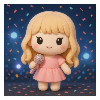 Pretty and girly Blonde pop star with bangs, holding a bedazzled microphone, reimagined as a soft kawaii plushie doll, with a nighttime concert backdrop with colorful confetti sticker