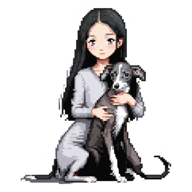 Slim Chinese girl with long black hair petting an Italian greyhound with completely uniform solid grey color throughout its entire body and face, with no white markings anywhere sticker