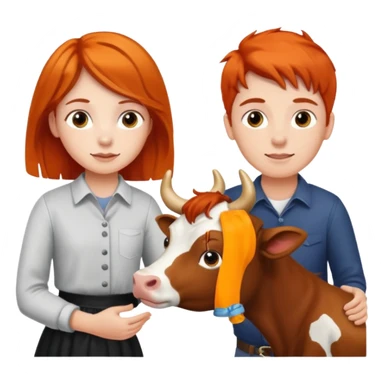 A boy with brown hair and a girl with orange hair petting a cow sticker
