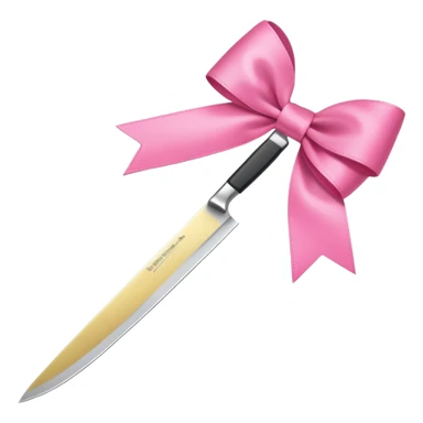 Only one object: a kitchen knife. A pink ribbon bow is tied directly on the knife handle. No other items. No decorations. Minimal emoji style sticker