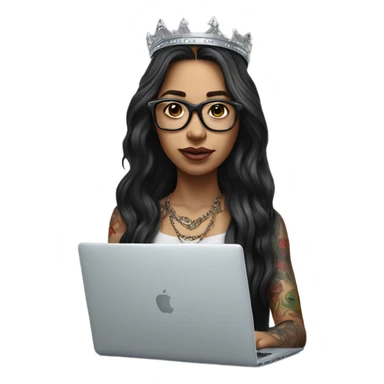 Hyperrealistic girl with long hair wearing a crown and glasses tattoos laptop sticker