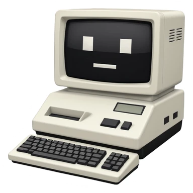 White and black 80s computer with face sticker