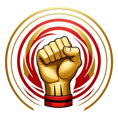 An emblem-style design symbolizing striking martial arts. The emblem features a powerful fist, representing strength and precision, surrounded by dynamic lines and motion, evoking speed and impact. Bold colors and sharp edges give the emblem an intense and energetic look sticker