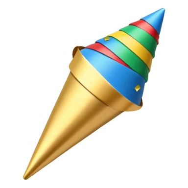 A small cone-shaped party popper tilted to the side, usually gold or yellow with diagonal stripes. It bursts open at the top, releasing colorful confetti and streamers in blue, red, yellow, or green. Represents celebrations, parties, excitement, or congratulations. sticker