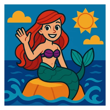 The little mermaid sitting on a rock, waving her hand to the viewer, smiling, in a charming and friendly style. sticker