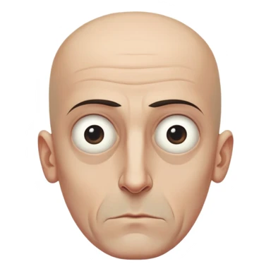 Steven Miller, bald, very grim expression, very narrow rectangular head, pronounced sagging eyelids lower on the outer sides, bottom lip sticking out sticker