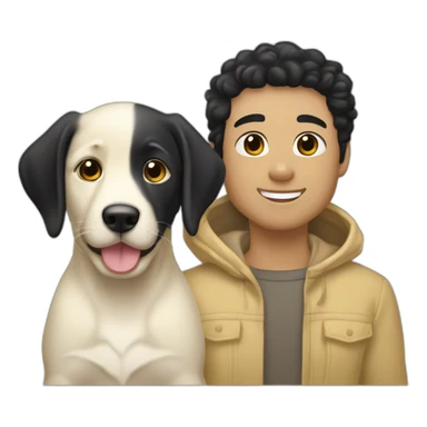gay couple, two white straight blackhair australian white blackhair-slightly-curly-holding one light yellow labrador retriever puppy sticker