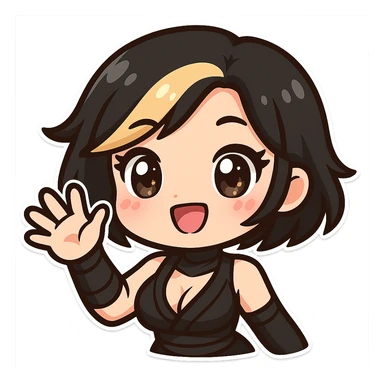 Super cute kawaii chibi style sexy ninja girl with black short hair and a blonde streak, only head and arms visible, big sparkling eyes, round face, soft colors, playful charm, bold outlines, transparent background, no mask, hand fully raised, waving, smiling, sized for Twitch emoji use. sticker