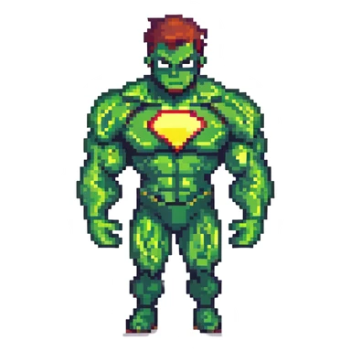 the Hulk, muscular green superhero, dynamic pose, pixel art style sticker