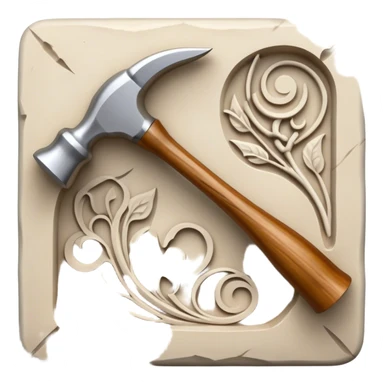Carving icon, stone, bone, and horn being carved with chisels, fine detailed patterns visible, carving tools like hammer and chisel, minimalistic style, clean lines, transparent background. sticker