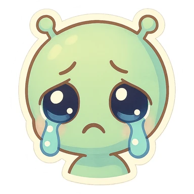 cute cartoon alien head showing sadness, chibi stickers style, soft colors, teary eyes, sorrowful expression sticker