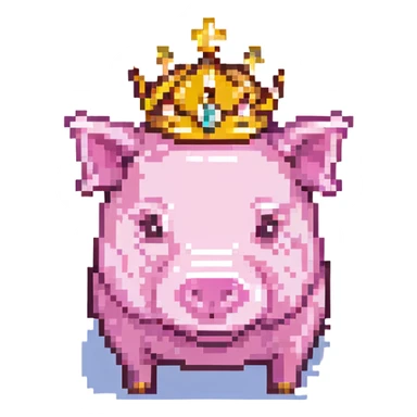 cute pixel art pig, golden crown, 8-bit style sticker