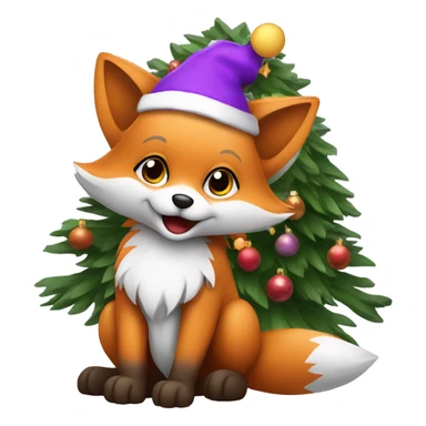 Baby fox wearing purple Santa hat sitting next to a  Christmas tree   sticker