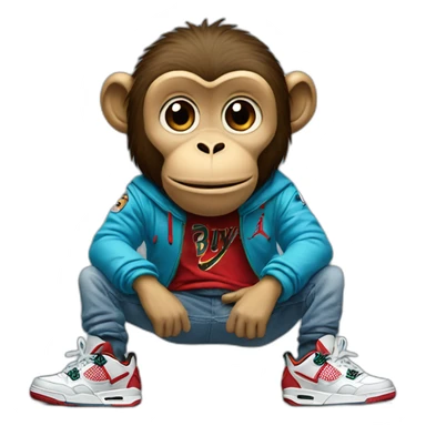 Monkey wearing Jordan 4 on its  feet with a bunch of Nike clothes sticker