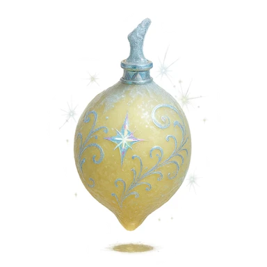 modernus prabangus eliksyro buteliukas, šaldytos citrinos forma, šerkšnas, šviesiai geltona spalva, holografiniai ir sidabriniai ornamentai, stiprūs magiški švytėjimai ir efektai, labai mažas kaklelis, skaidrus fonas, vientisas dugnas, be šešėlio, plūduriuoja ore, kolekcijos stilius sticker