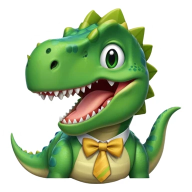 laughing face of a dinosaur with a tiebow sticker