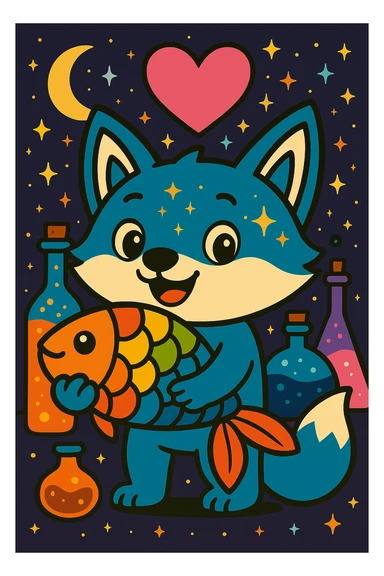 Add a magical, witchy background with stars, crescent moon, and potion bottles behind the blue fox hugging the rainbow fish with a big pink heart, in vibrant toon style. sticker