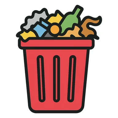 Make the red trash bin overflowing with garbage, keep the flat color outline icon style, no background. sticker