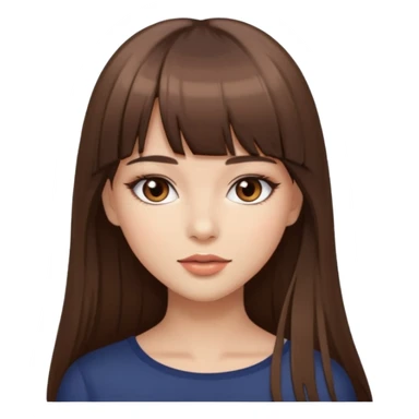 a beautiful girl with long straight brown hair and bangs, with brown eyes and makeup sticker