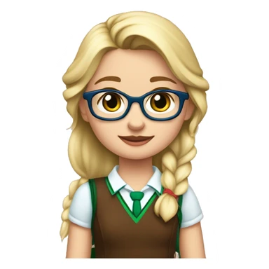 niña rubia, con pelo liso, con ojos azules, con gafas rosas y con uniforme de colegio con falda de cuadros verdes y marron, corona de frozen sticker