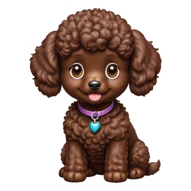 Cinematic Cute Chocolate Poodle Portrait Emoji, Head tilted playfully and inquisitively, showcasing a bouncy, curly chocolate Fur with a healthy sheen, round, sparkling brown eyes filled with curiosity, Simplified yet irresistibly adorable features, highly detailed, glowing with a warm, friendly glow, high shine, affectionate and lively, stylized with a touch of whimsy, bright and endearing, soft glowing outline, capturing the essence of a mischievous yet loving companion, so playful it feels like it could bounce out of the screen and into your arms! sticker