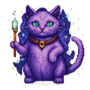 Add sparkles and a magical aura to the purple cat casting a spell in pixel art style, keep the background transparent. sticker