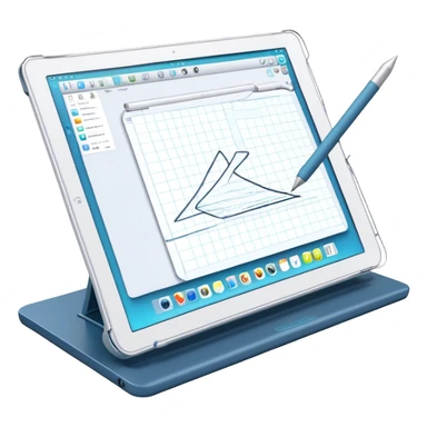 Create an emoji for 3D visualization and modeling. Show a large graphic tablet with a stylus drawing in a 3D modeling program. The 3D model on the screen should appear to protrude out of the screen. Use modern, professional colors. Make the background transparent. sticker