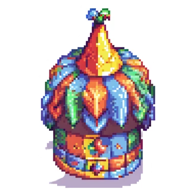 a jester's hat, pixel art style, colorful and retro sticker