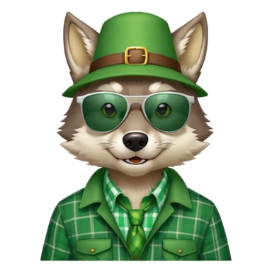 head and shoulders friendly anthropomorphised wolf in green plaid shirt and green attire for St. Patrick's Day, wearing dark sunglasses, festive pose sticker