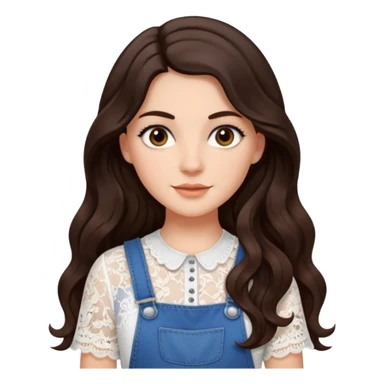 create an emoji of Sophie Sheridan in mamma Mia but with dark brown and a half part very long hair with waves and dark brown eyes. she wears a white lacy top and an overall sticker