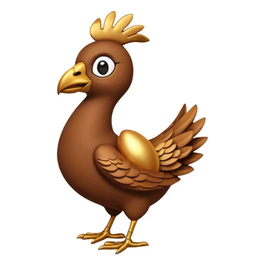 A 3D cartoon Sankofa bird with its head gracefully turned backward holding a golden egg in its beak, symbolizing learning from the past, single bird in frame, gold and brown tones, clean black background, Memoji-style rendering sticker