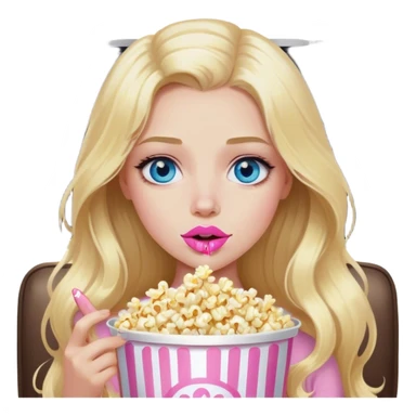 Cinematic realistic blonde with long hair, blue eyes and painted pink lips, watching TV and eating popcorn sticker