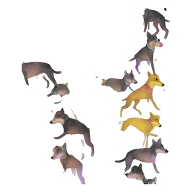  brindle brown black maroon gold lurcher Alsatian fox running blue eyes and iridescent holographic oilslick harness wearing paper iridescent tropical flower crown yellow caution tape sticker