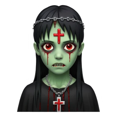 zumbi verde com olhos vermelhos sangrando e franja roupa preta e um crucifixo como colar sticker