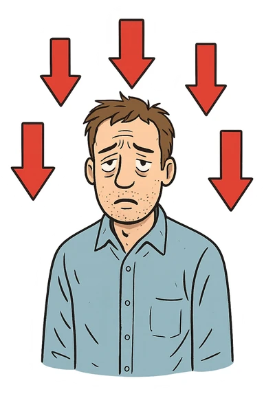  un uomo con espressione affaticata, circondato da frecce rosse in basso sticker