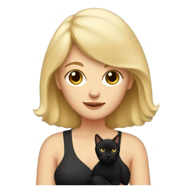 Blonde mom with bangs holding black cat with white chest sticker