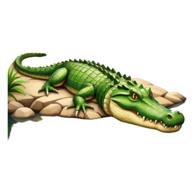 A large crocodile resting on a riverbank, part of its body in water, realistic scales and reflections, natural sunlight. sticker