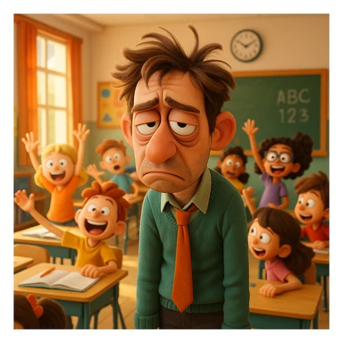3d cartoon art of a exhausted teacher in a bustling classroom sticker