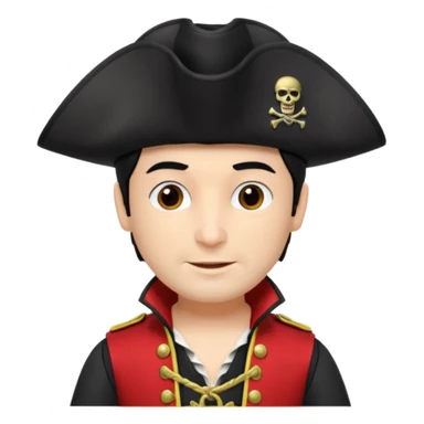 Captain Feathersword of The Wiggles with light skin, brown eyes, black hair, black pirate hat, white pirate shirt with red vest sticker