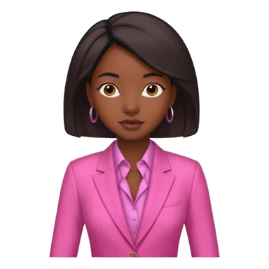 Darkskin black woman wearing a pink suit with a silk press sticker