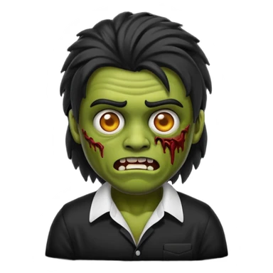 Emoji masculino de zumbi estilo iPhone,com cabelo ondulado mullet e preto, camisa preta e brincos sticker