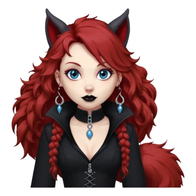  long curly red hair (darker), red pointed ears with black trim, black goth outfits, body and face human, blue eyes, more pointy chin, black lipstick, big fluffy red squirrel tail with black tips, like the attached photo with more outfits and poses,  sticker