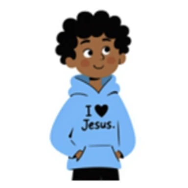 girl with dark skin, short curly dark brown hair, blue hoodie with 'I heart Jesus' on it sticker