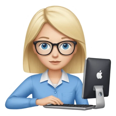 donna, occhi azzurri con occhiali, capelli medi, lisci e biondi, lavora al pc. sticker