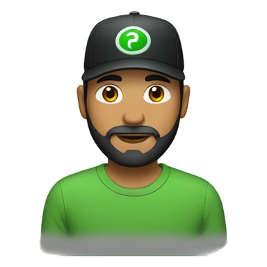 brown man with a dark beard, dark eyes, green t-shirt and a black cap sticker