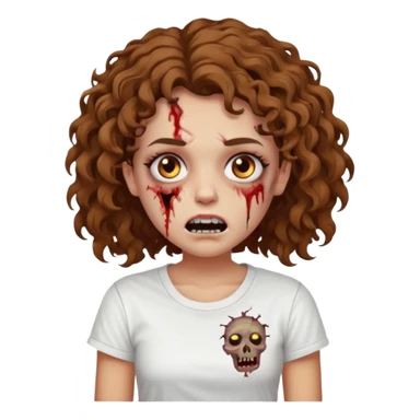 Zombie girl with curly brown hair como emoji de iphone y con la boca un poco lastimada haz que tenga una simple remera blanca puesta sticker